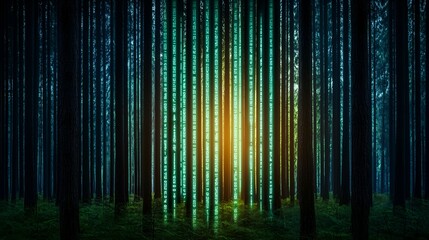 Digital transformation ecosystem concept. Mysterious forest with glowing trees and a bright light in the background.