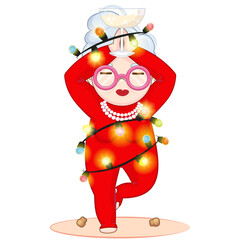 Happy old woman in Christmas lights making yoga with champagne. Funny New Year yoga. White background. Illustration for poster, banner, flyer, party invitation, postcard, t-shirt print, greeting card