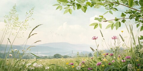 A delicate, pastel-toned landscape of a wildflower meadow framed by leafy branches, with a soft, hazy mountain range in the distance and a flock of birds soaring overhead.