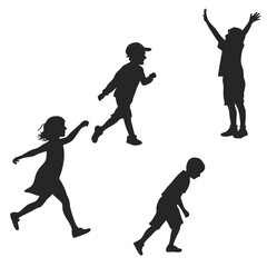 Three children are running in a field. One of them is wearing a backpack. The other two are wearing hats