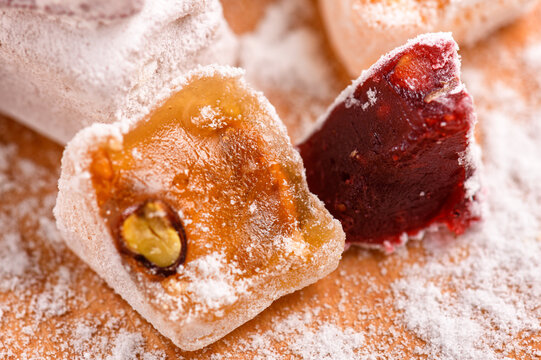 Sweet food Turkish delight, assorted rahat locum in form of cubes with nuts and powdered sugar, traditional food