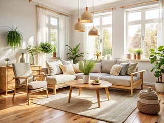 Fototapeta premium Scandinavian Living Room Interior Design: Cozy Light Wood Furniture & Soft Textiles