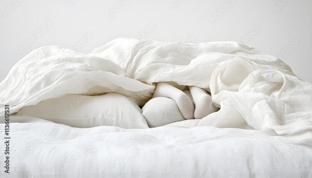 Poster Cozy White Bed with Soft Textiles and a Warm Blanket Embracing Hidden Figures for a Peaceful and Inviting Atmosphere in a Minimalist Setting