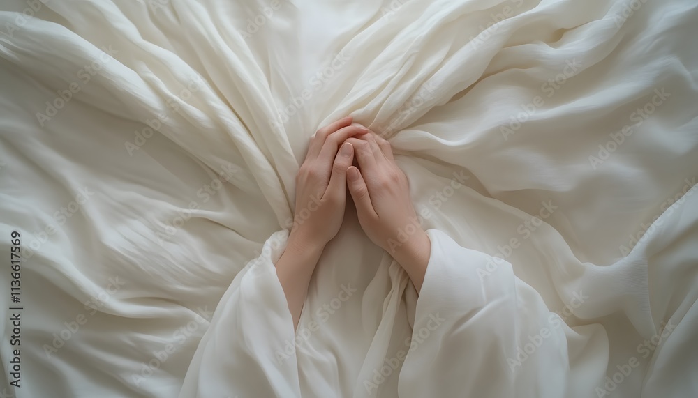 Poster soft and serene: hands nestled in flowing white fabric creating a calming and peaceful atmosphere of