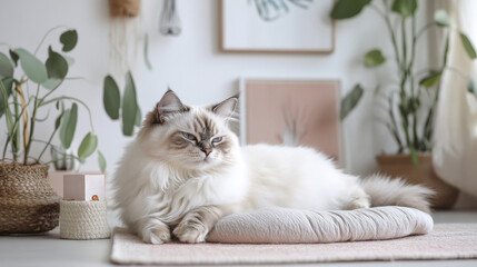 White cat lounging on pastel rug in minimalistic room
