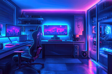 Futuristic neon gaming setup with monitors and led lighting, modern room of gamer or teenager. Concept of interior, space, computer