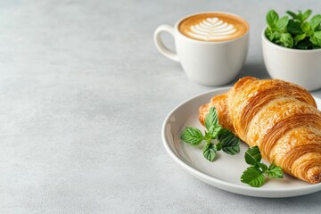 Freshly baked croissant and cappuccino enjoyed for breakfast on rustic table