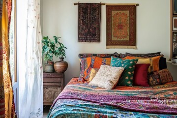 Bohemian bedroom featuring vibrant textiles, plants, and rich colors in a cozy indoor setting