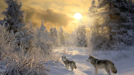 Two Wolves in a Snowy Winter Forest at Sunset