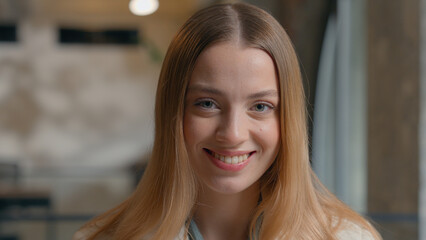 Business portrait Caucasian smiling toothy happy businesswoman student girl intern worker female...
