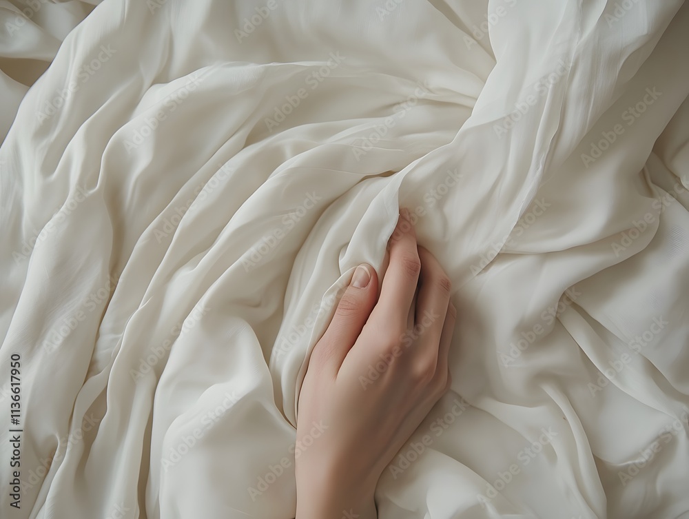Poster Delicate Hand Gently Touching Soft White Fabric in a Calm and Serene Indoor Environment Capturing Textures and Subtlety of Fabric Composition