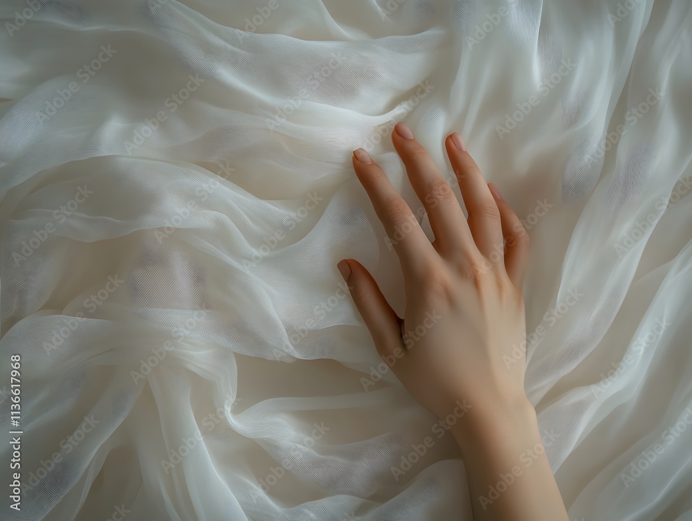 Poster delicate hand touching soft, flowing white fabric, creating an elegant sense of texture and tranquil