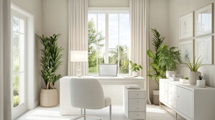 Fototapeta premium bright white home office with plants and natural light