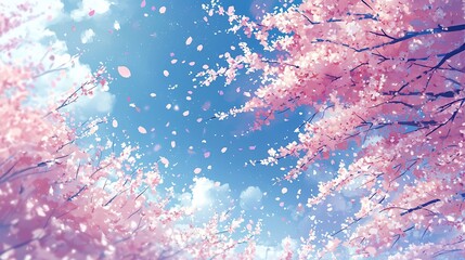 Pink cherry blossoms falling on a bright blue sky.