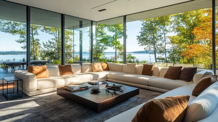 Fototapeta premium Modern living room with lake view, sectional sofa, large windows, and coffee table.