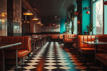 Retro diner interior featuring a checkerboard floor and cozy booth seating with warm lighting and vibrant colors