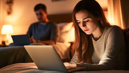 Young woman working late at night on a laptop with a concerned expression, while a man in background uses device in dimly lit bedroom setting creating a cozy atmosphere.