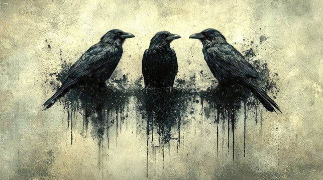 Three crows artistic grunge painting.