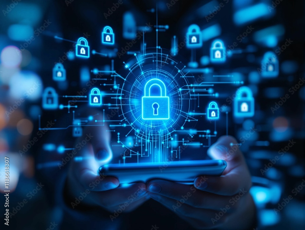 Poster hands holding a device, showcasing a network of digital locks, symbolizing robust cybersecurity.