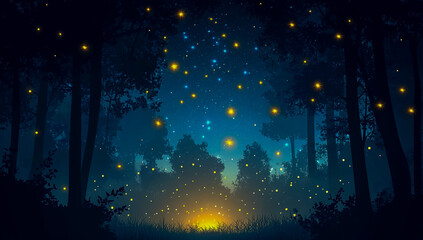 A cartoon-style illustration of a dark night with a starry sky, fireflies burning in the forest, and a simple, serene background.