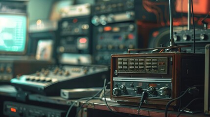 Close-up of vintage radio emitting static noise, contrasting with modern digital devices, symbolizing the shift from traditional to digital media.
