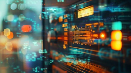 Fototapeta premium Close-up of vintage radio emitting static noise, contrasting with modern digital devices, symbolizing the shift from traditional to digital media.