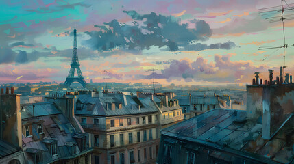 A view of the Eiffel Tower from an apartment rooftop in Paris, with a pastel sky and cityscape. The tower stands tall against the backdrop of other buildings.