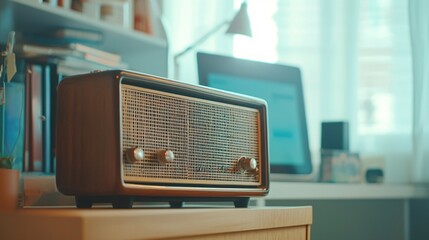 Close-up of vintage radio emitting static noise, contrasting with modern digital devices, symbolizing the shift from traditional to digital media.