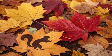 Fototapeta premium A silhouette of a squirrel on a vibrant yellow leaf surrounded by a bed of autumn leaves in shades of red, orange, and brown.