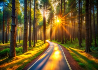 Serene Pine Forest Bicycle Path Long Exposure Photography - Tranquil Nature Scene