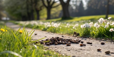 Fototapeta premium A pile of brown nuts scattered along a gravel pathway, with green grass and a blurred background of white flowers, in a park setting.