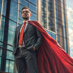 businessman wearing super hero cape on a front of business building