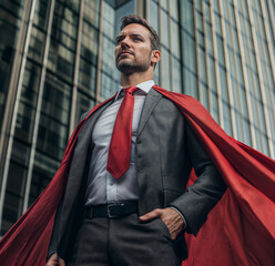 businessman wearing super hero cape on a front of business building