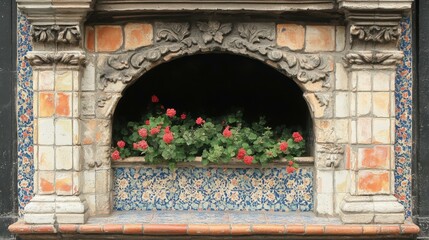 Rustic Blossoms. Vintage stone window with blooming red flowers and in