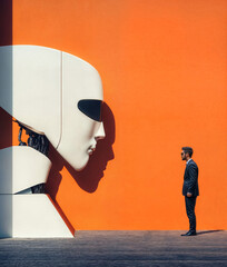 Businessman Facing Giant Futuristic Robot Head Against Orange Wall