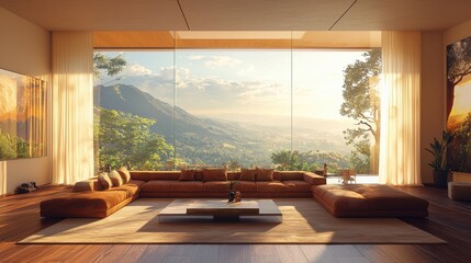 Stunning modern living room with panoramic mountain view at sunset through large windows