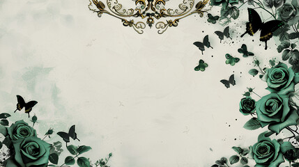 blank page with green roses and black butterflies. A golden crown at the top in the style of a decorative design.