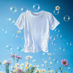 clean t-shirt floating with soap bubbles and flowers, laundry concept