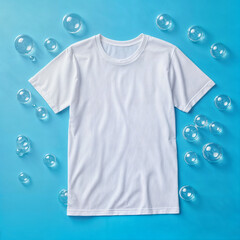 clean t-shirt floating with soap bubbles and flowers, laundry concept