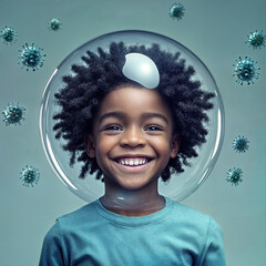 African Boy in a Protective Bubble with Virus Particles