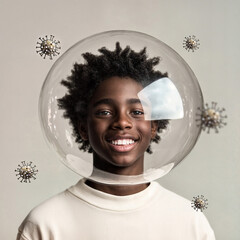 African Teen Boy in a Protective Bubble with Virus Particles