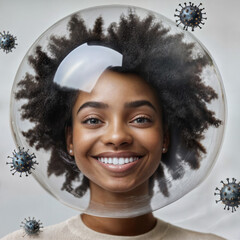 African Man in a Protective Bubble with Virus Particles