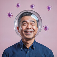  Asian Mature Man in a Protective Bubble with Virus Particles