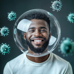 African Man in a Protective Bubble with Virus Particles