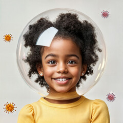 African Girl in a Protective Bubble with Virus Particles