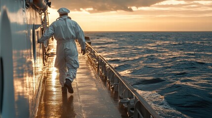 Obraz premium sailor walking on ship deck at sunset