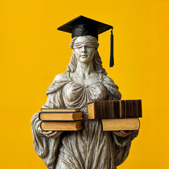 sculpture of The goddess of justice Themis wearing a graduation cap and holding a pile of books, symbolizing knowledge and study in law. The background is a solid yellow color. 