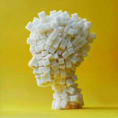 person head made of sugar cubes, yellow solid background, diabetes concept, health issues 