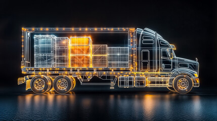 truck with transparent body so you can see whats inside, inside is different freights, transportations or delivery concept