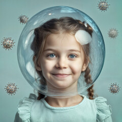 European Girl in a Protective Bubble with Virus Particles